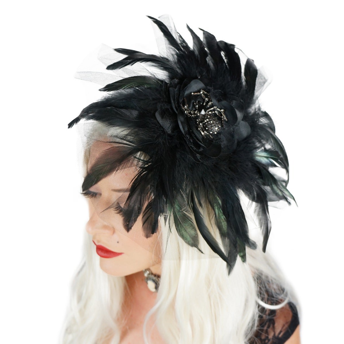 Widow Rhinestone Feather Headband - Black