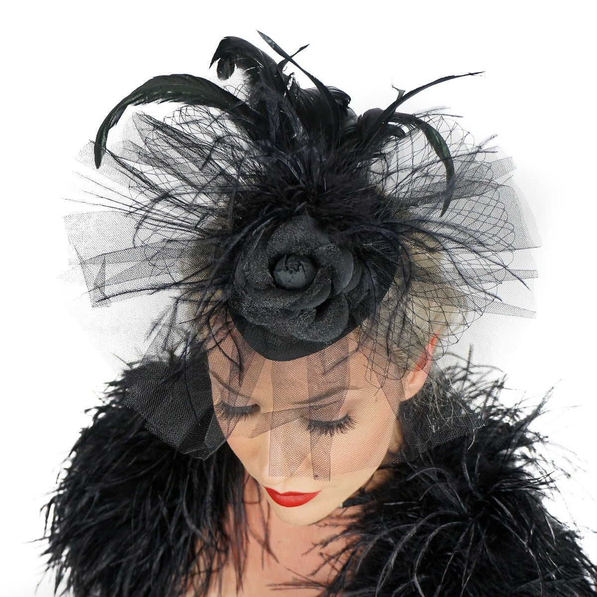 Ostrich Feather Fascinator Wedding, Gothic Victorian Style Hair Clip Accessory - Black