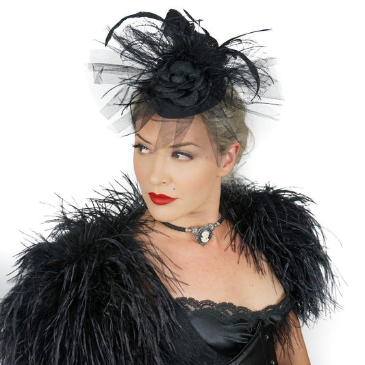 Ostrich Feather Fascinator Wedding, Gothic Victorian Style Hair Clip Accessory - Black