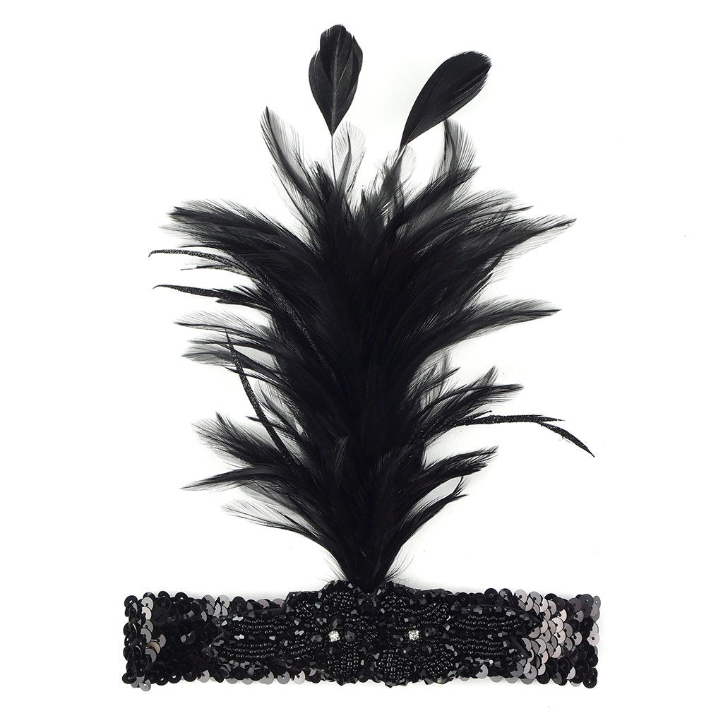 Flapper Headband w/Feather Spray - Black and Silver