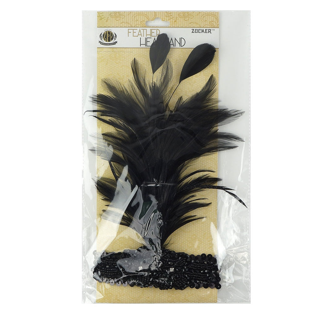 Flapper Headband w/Feather Spray - Black and Silver