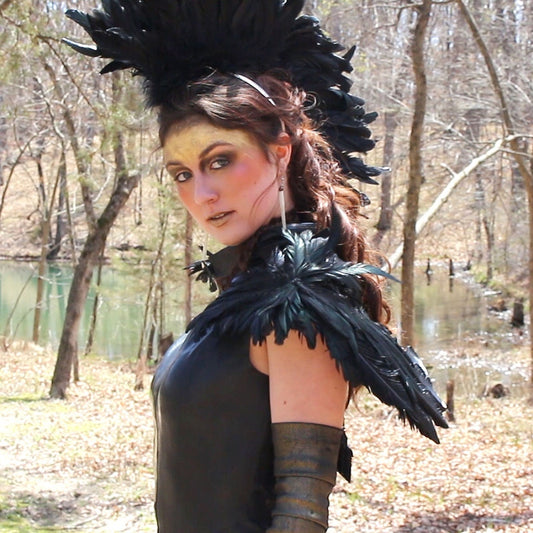 Gothic Crow Costume Feather Wings - Black Over the Shoulder Feather Fairy Wings for Unique Cosplay and Halloween Costume Accessories.