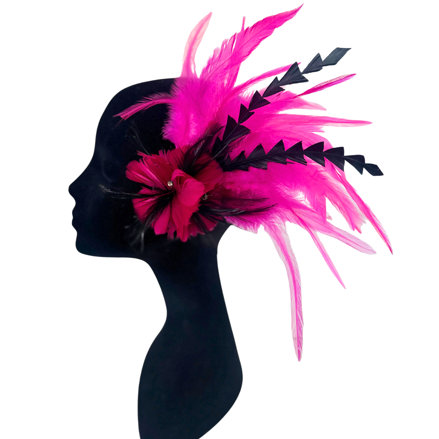 Tropical Feather Flower Clip w/Rooster Saddles 10x8 inch --Shocking Pink/Black