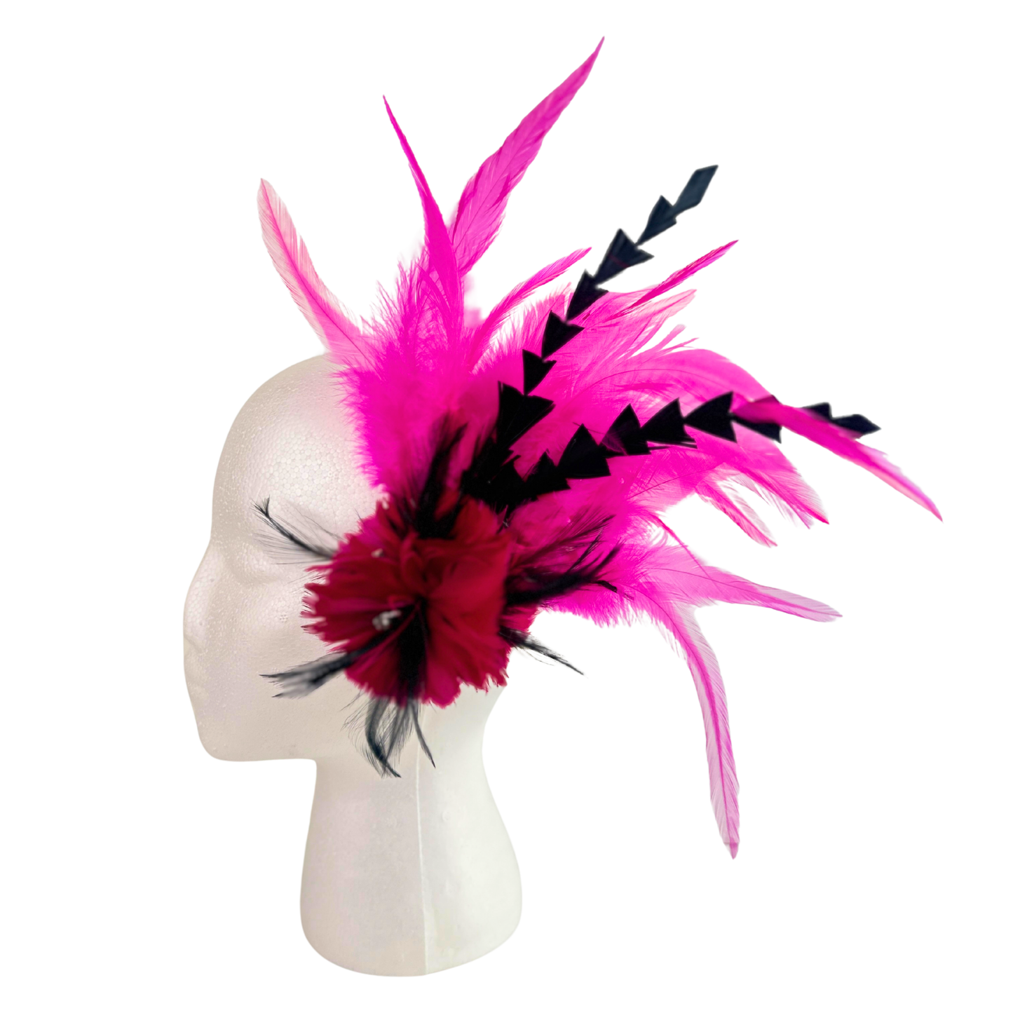 Tropical Feather Flower Clip w/Rooster Saddles 10x8 inch --Shocking Pink/Black