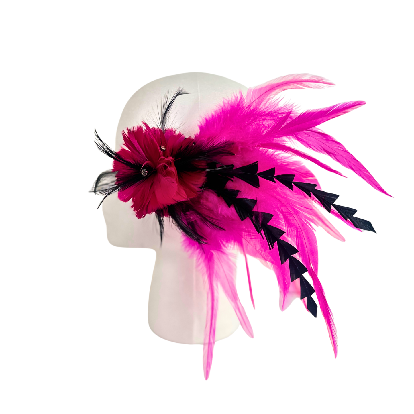 Tropical Feather Flower Clip w/Rooster Saddles 10x8 inch --Shocking Pink/Black