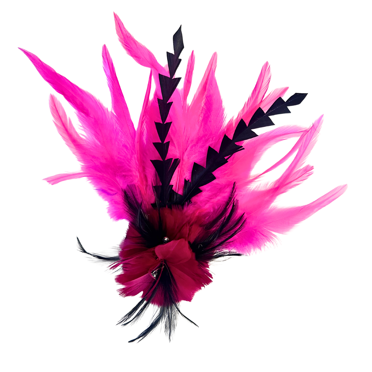 Tropical Feather Flower Clip w/Rooster Saddles 10x8 inch --Shocking Pink/Black