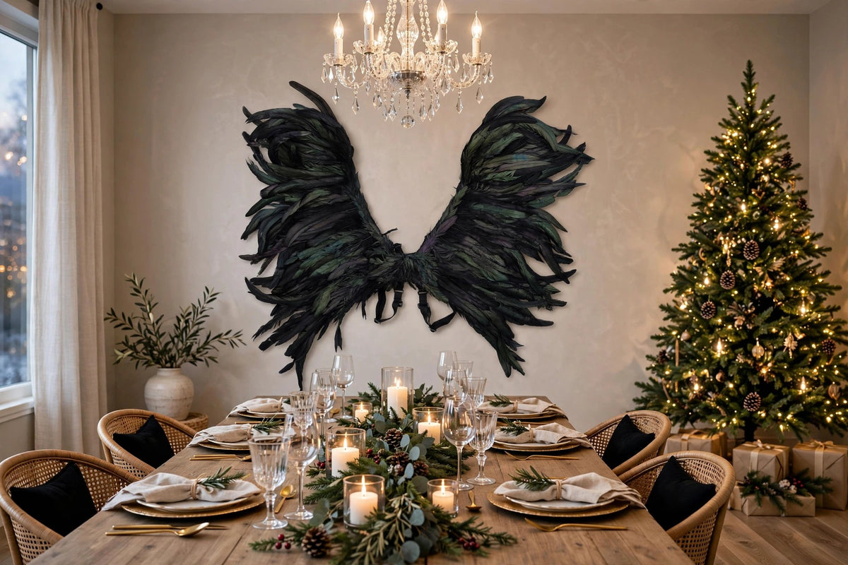 Blackbird Adult Exotic Black Costume Wing - Adjustable Large Feather Angel Wing hung on a wall in a holiday-decorated room