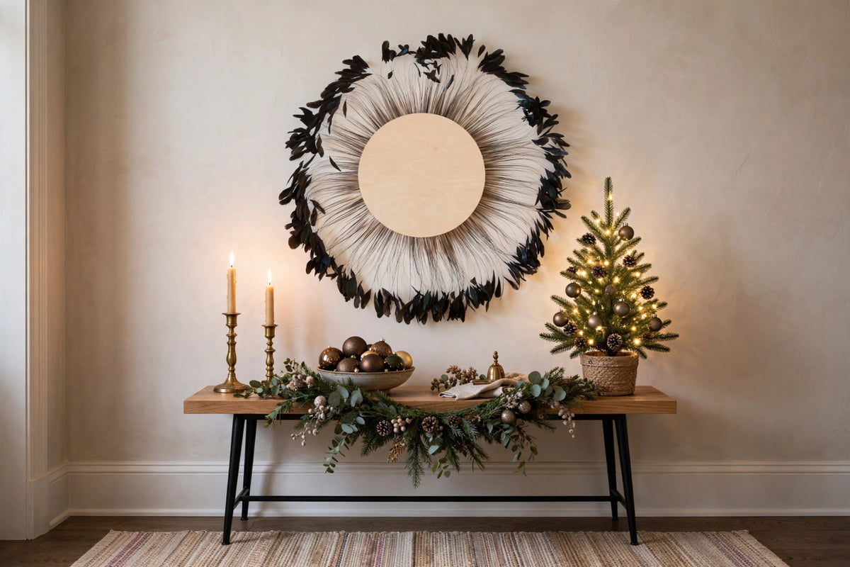Bronze Stripped Rooster Coque Tails Wall Decor hung on a wall in a holiday-decorated room