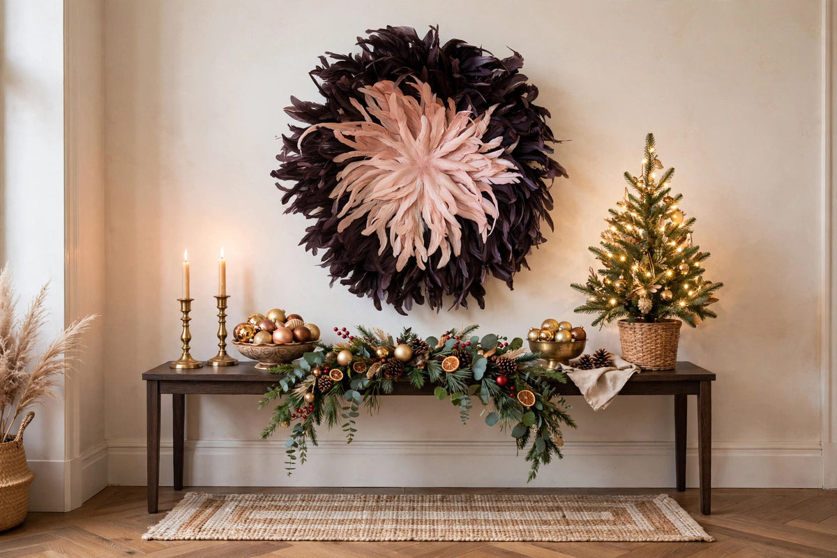 Brown and Rose Gold Juju Hat Feather Wall Art hung on a wall in a holiday-decorated room
