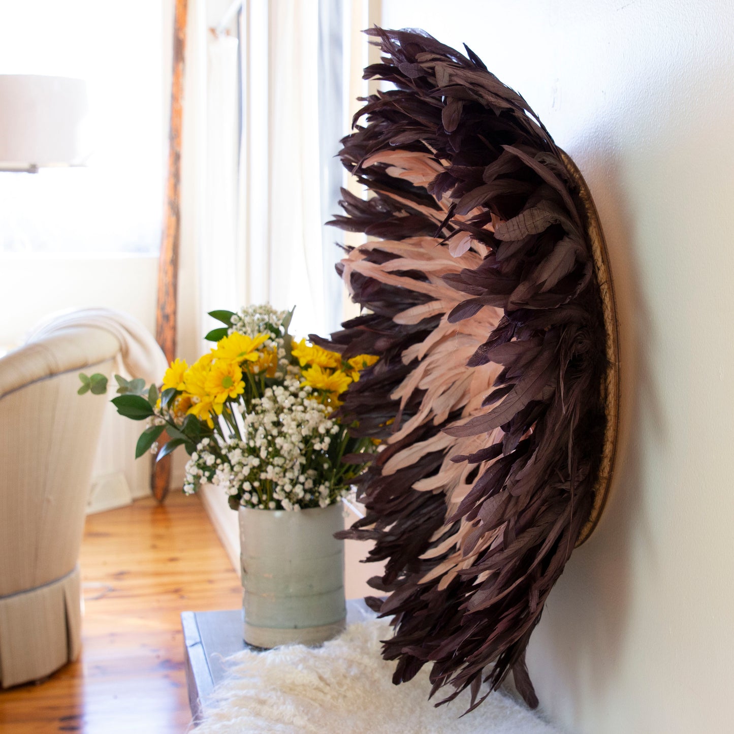 Brown and Rose Gold Juju Hat Feather Wall Art