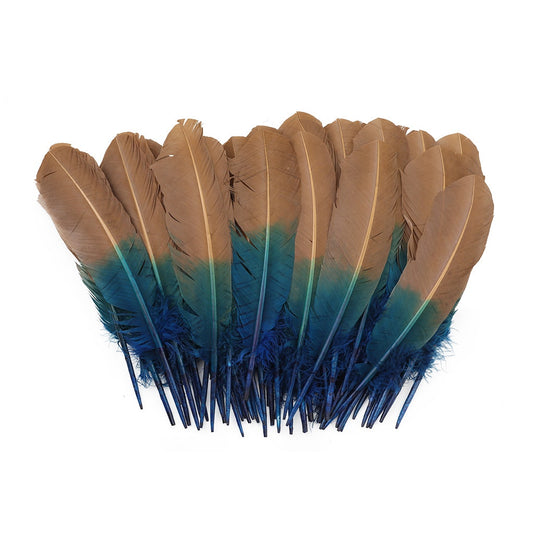 Bulk Two Tone Ombre Tipped Turkey Round Feathers Left Wing - 10-12” - 1/4 lb - Dark Turqouise/Camel - Feathers