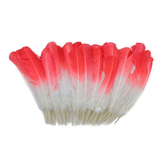 Bulk Two Tone Ombre Tipped Turkey Round Feathers Right Wing - 10-12” - 1/4 lb - Coral/White - Feathers