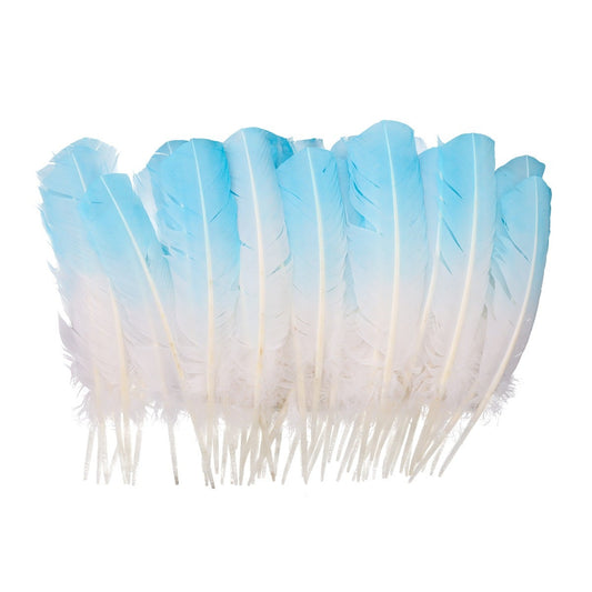 Bulk Two Tone Ombre Tipped Turkey Round Feathers - Right Wing - 10-12” - 1/4 lb - Light Turquoise/White - Feathers