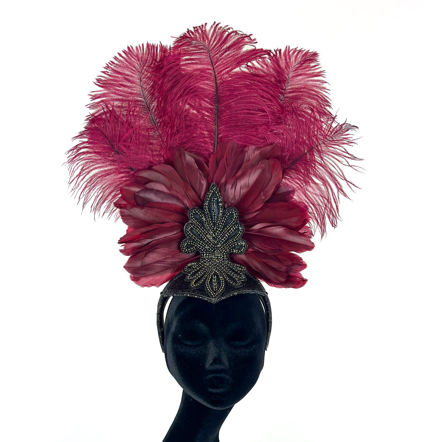 Ginger Showgirl Burgundy Feather Headpiece