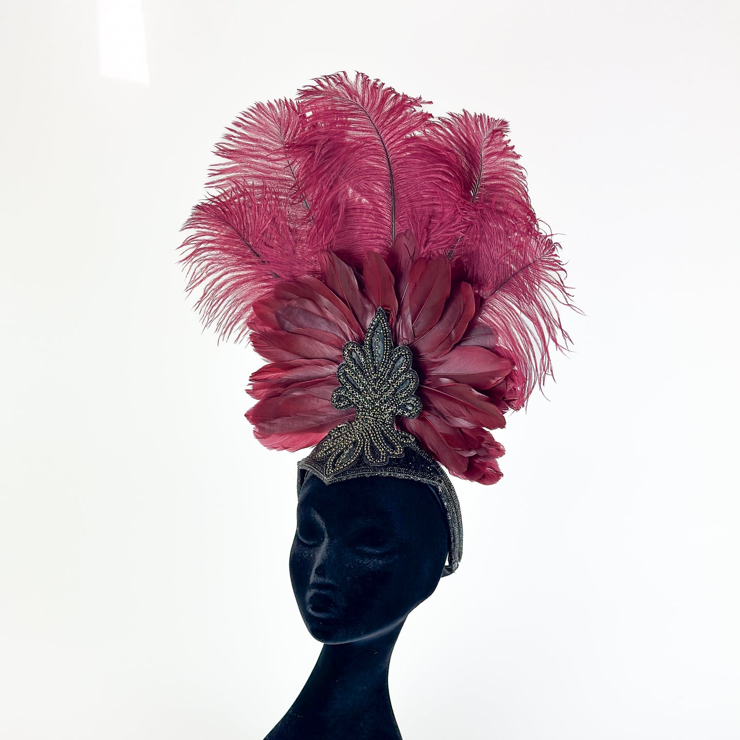 Ginger Showgirl Burgundy Feather Headpiece