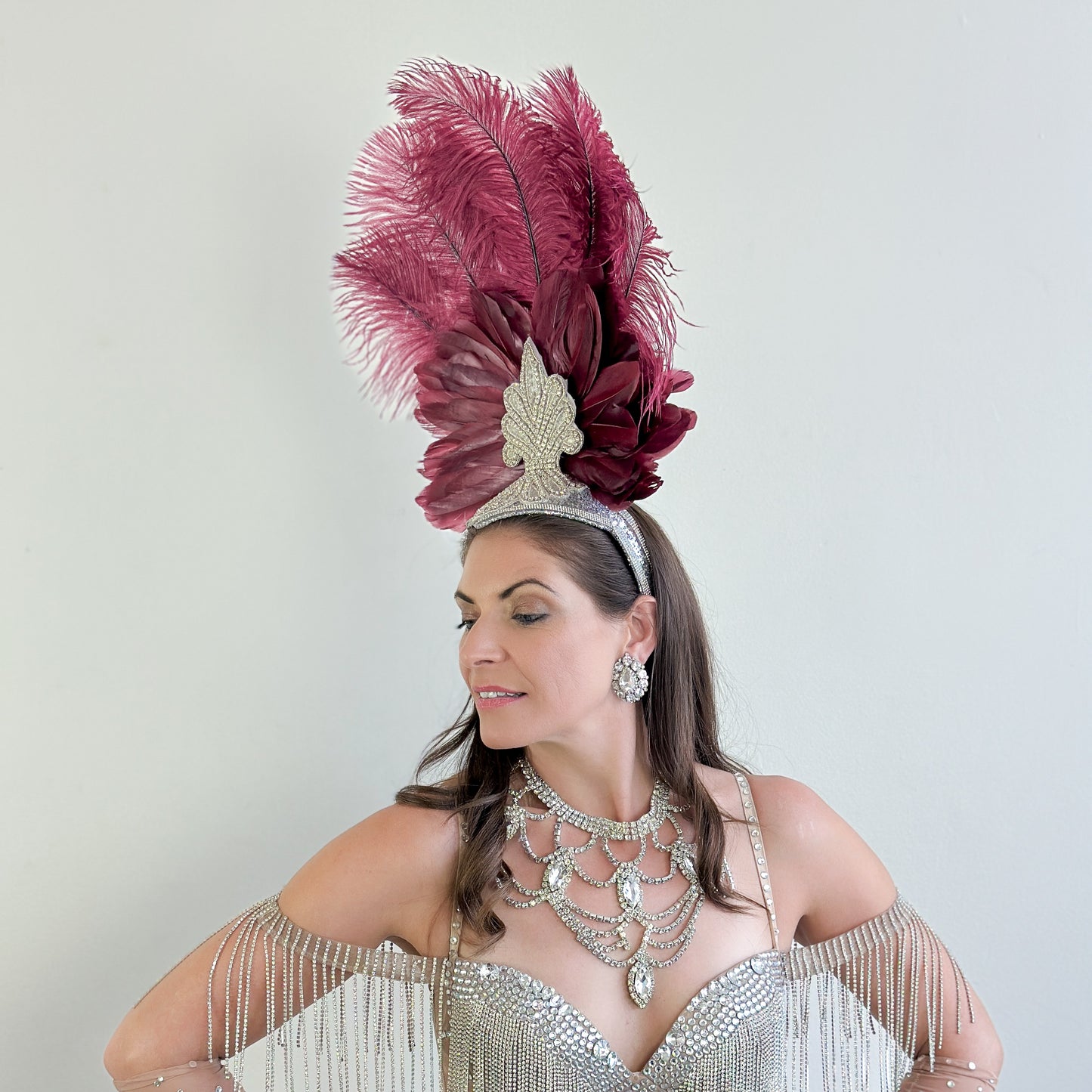 Ginger Showgirl Burgundy Feather Headpiece