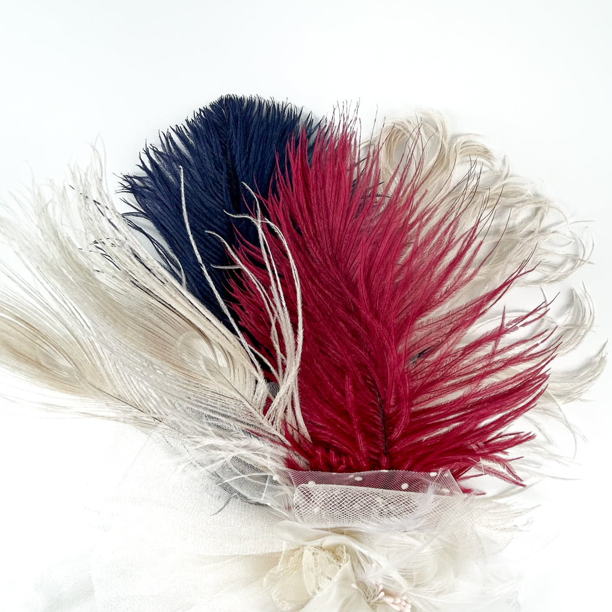 Clara Fascinator Ostrich/Rooster/Peacock -- Burgundy/Ivory/Navy