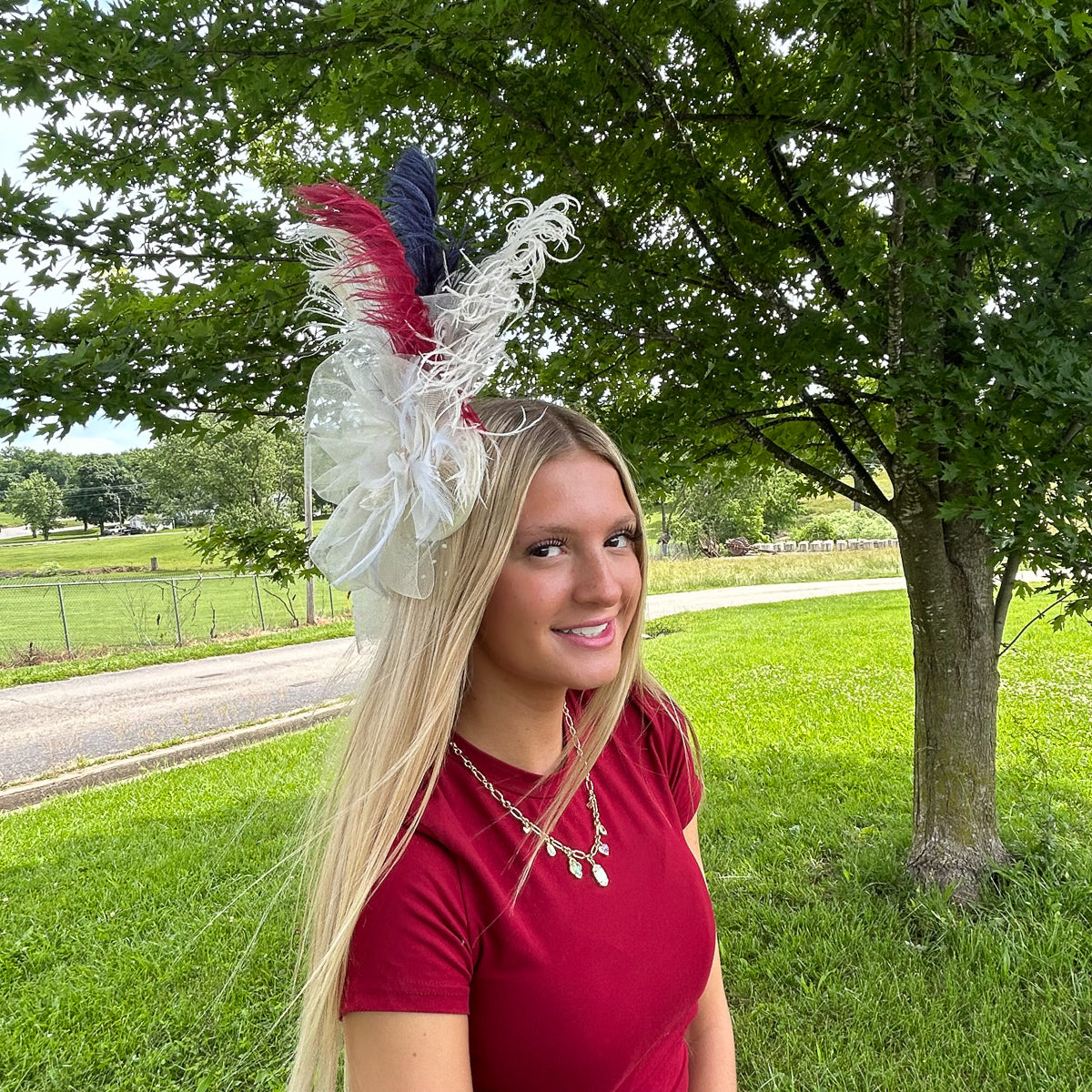 Clara Fascinator Ostrich/Rooster/Peacock -- Burgundy/Ivory/Navy