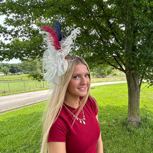 Clara Fascinator Ostrich/Rooster/Peacock -- Burgundy/Ivory/Navy
