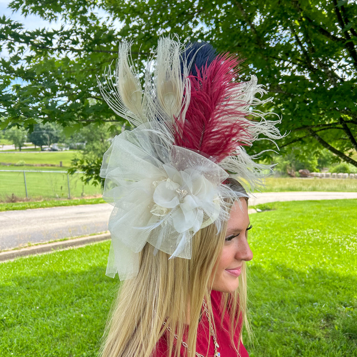 Clara Fascinator Ostrich/Rooster/Peacock -- Burgundy/Ivory/Navy