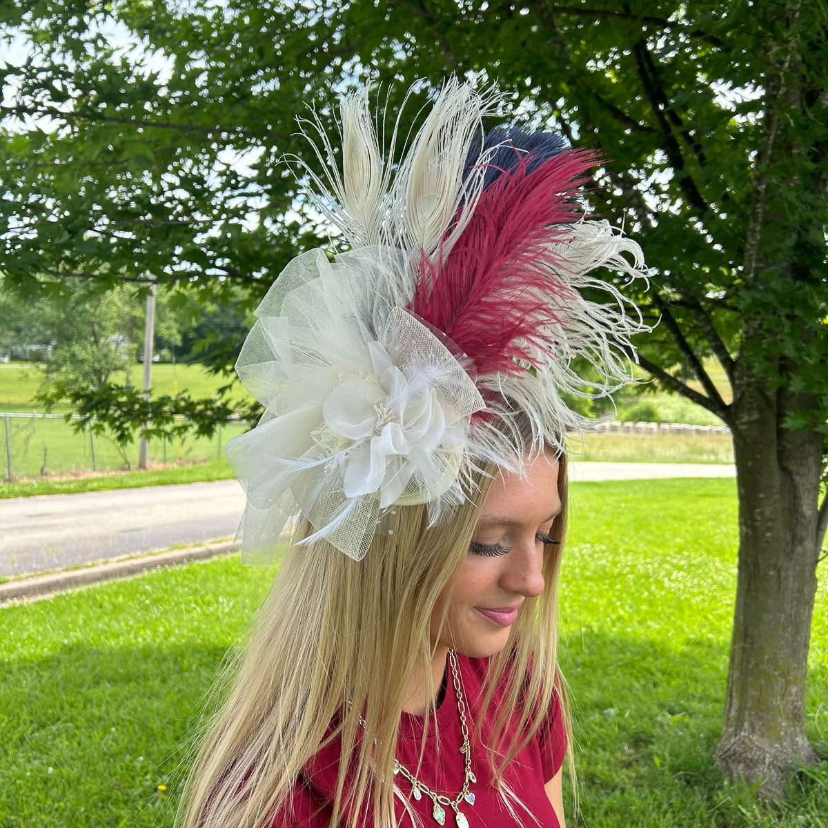 Clara Fascinator Ostrich/Rooster/Peacock -- Burgundy/Ivory/Navy