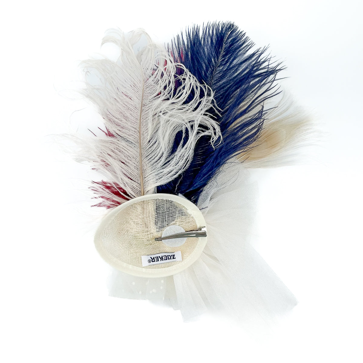 Clara Fascinator Ostrich/Rooster/Peacock -- Burgundy/Ivory/Navy