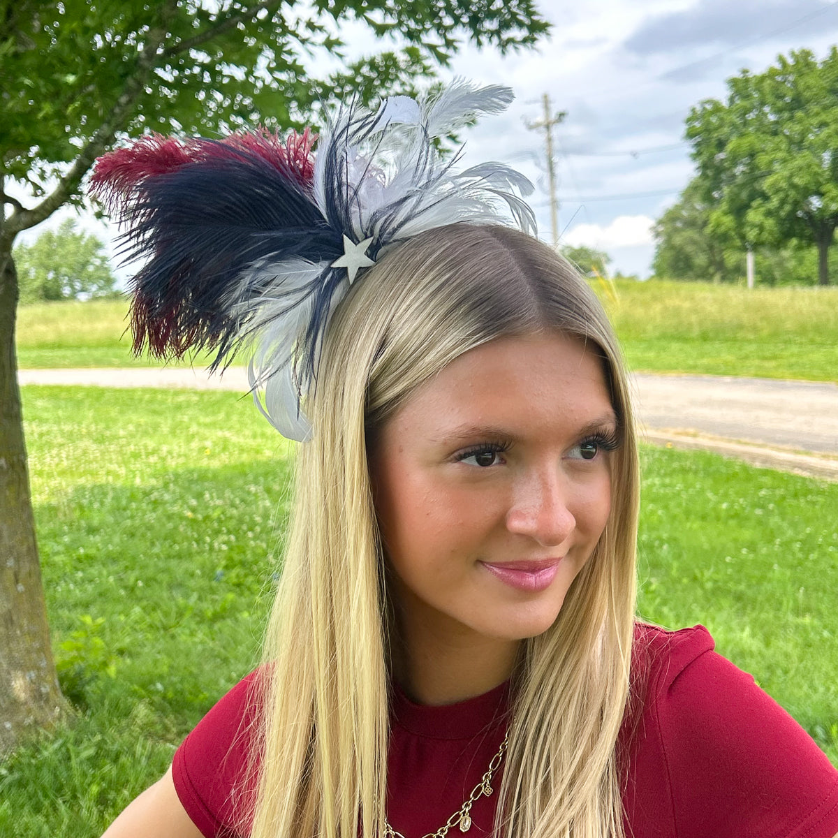 Lady Ann Feather Headband --Burgundy/Ivory/Navy
