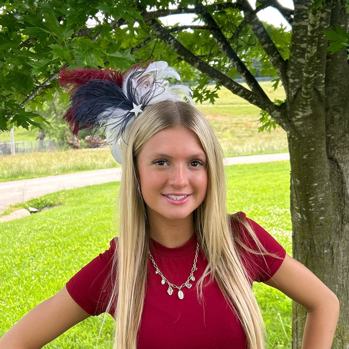 Lady Ann Feather Headband --Burgundy/Ivory/Navy