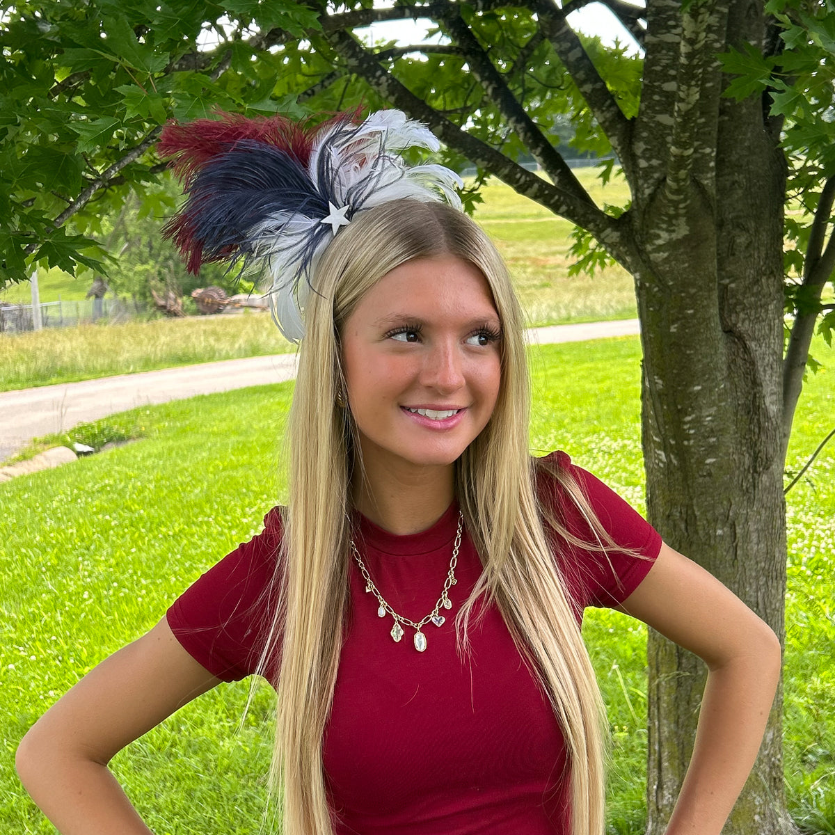Lady Ann Feather Headband --Burgundy/Ivory/Navy