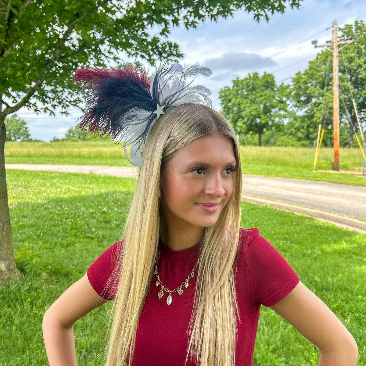 Lady Ann Feather Headband --Burgundy/Ivory/Navy
