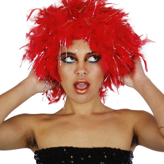 Chandelle Feather Wig-Lurex - Red/Silver Lurex - Feathers