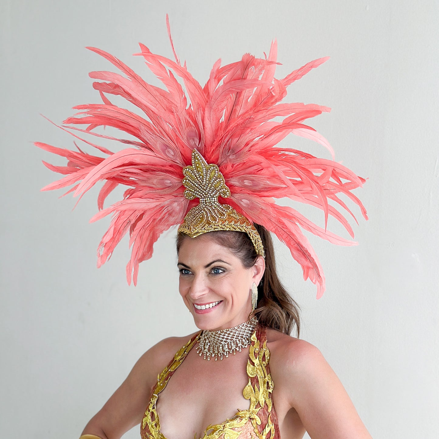Zizi Coral Showgirl Feather Headpiece