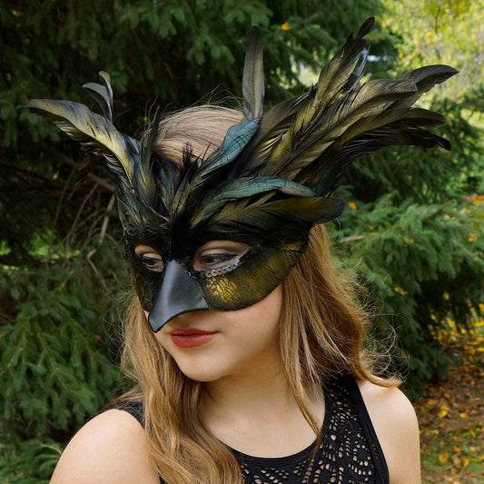 Custom Black and Gold Feather Evil Fairy Masquerade Mask - Dark Fey Costume Accessory - Feathers