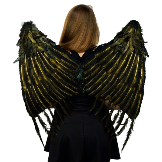 Custom Black and Gold Feather Evil Fairy Feather Wings - Raven Costume Accessory - Feathers