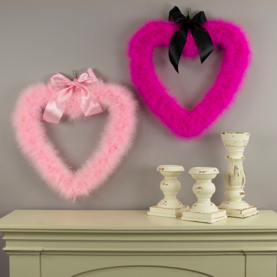 Decorative Candy Pink Heart Shaped Feather Wreath and Wall Art - Feathers