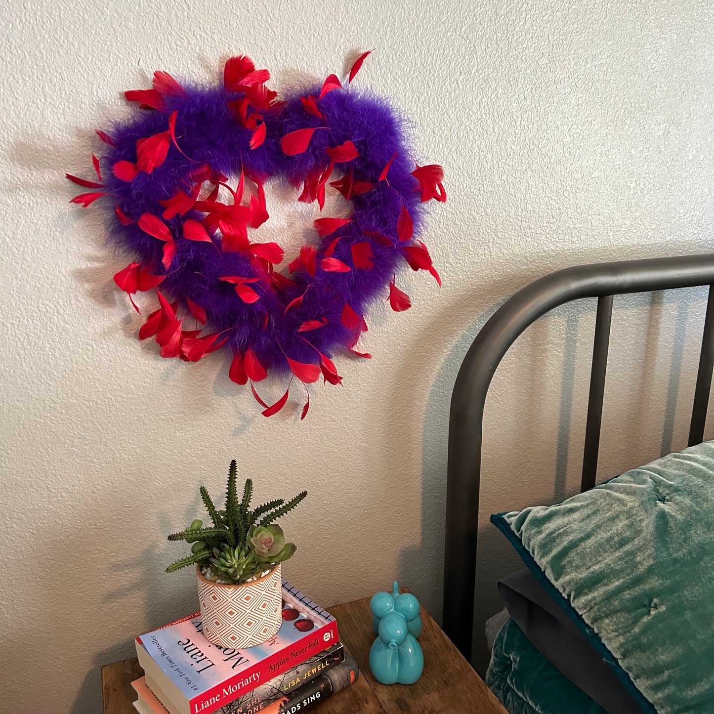 Decorative Red & Purple Feather Heart Shaped Wreath Wall Art - Feathers