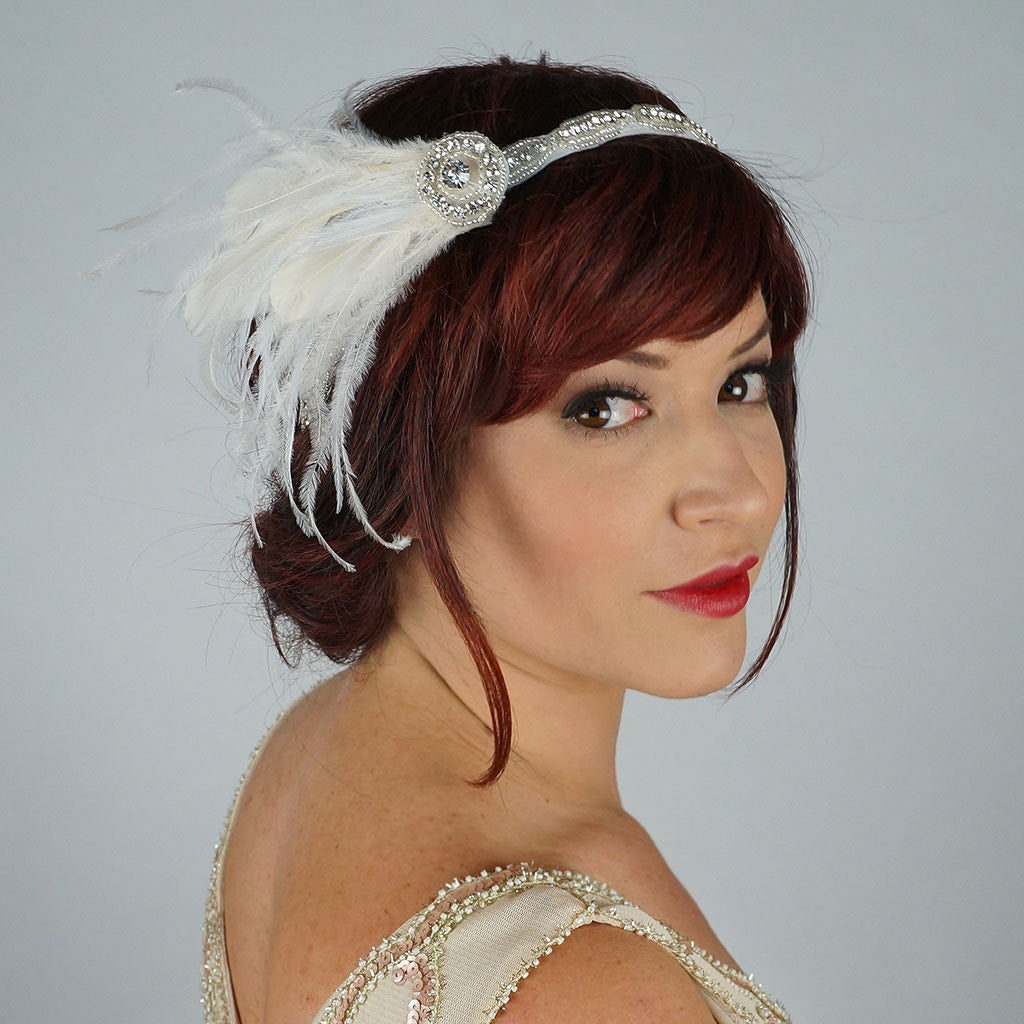 Elegant Feather Headband w/Rhinestone Accent - White and Ivory - Feathers