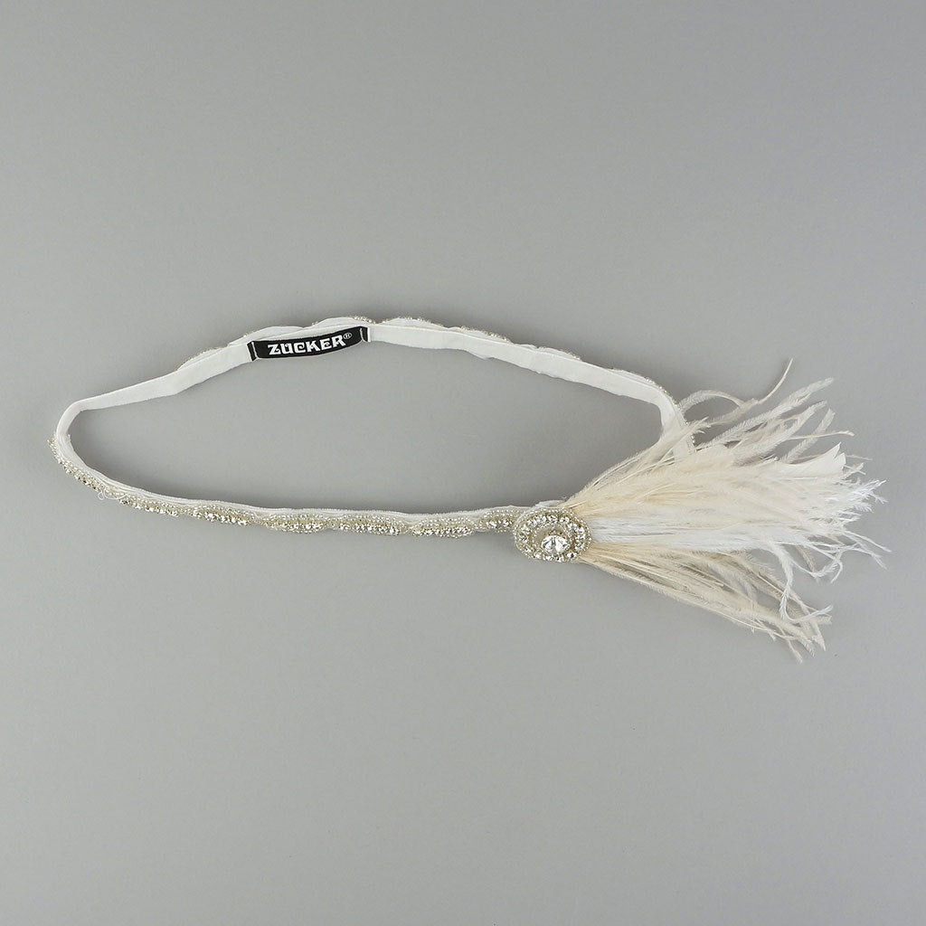 Elegant Feather Headband w/Rhinestone Accent - White and Ivory - Feathers