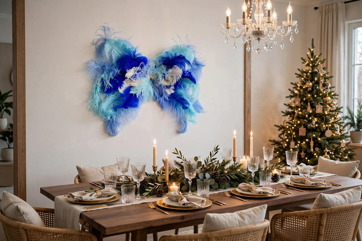 Extra Small Bluebird Costume Wings hung on a wall in a holiday-decorated room