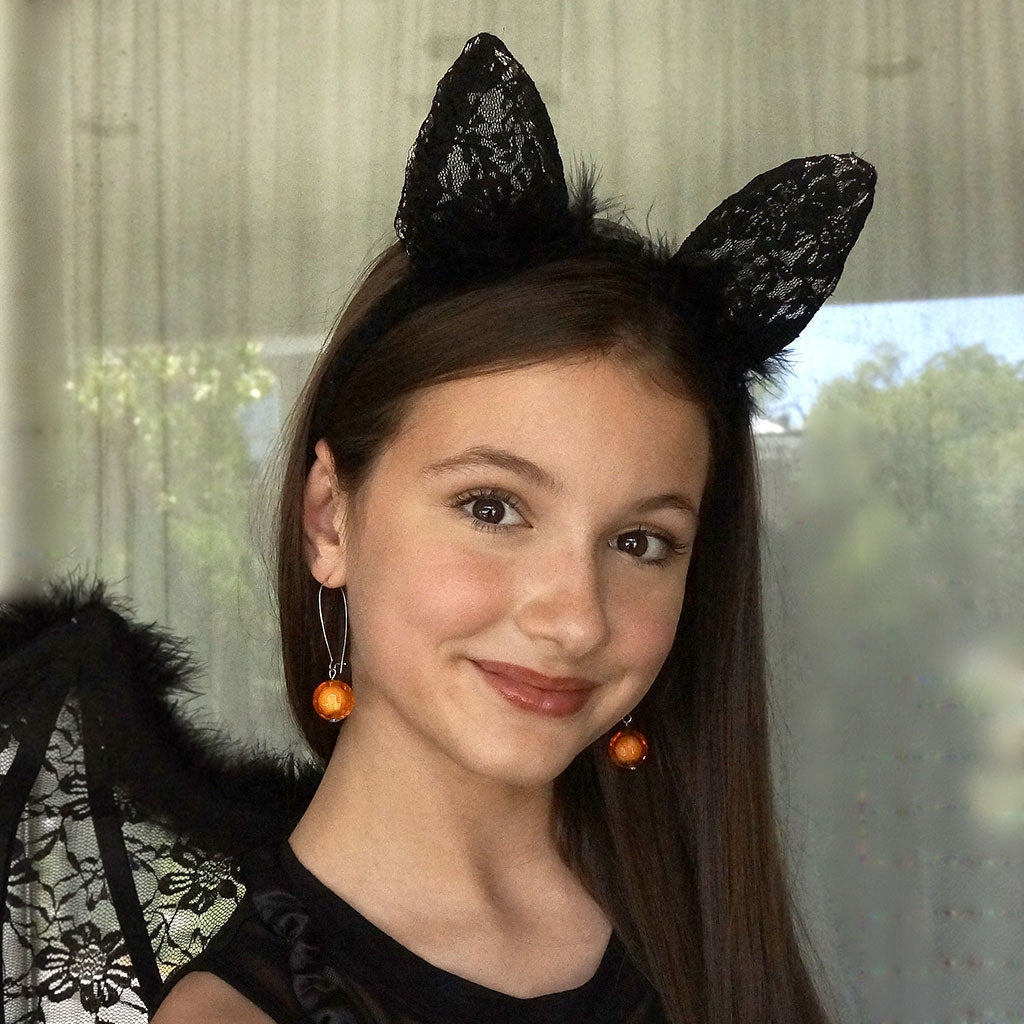 Feather and Lace Cat Ears Headband - Black - Feathers