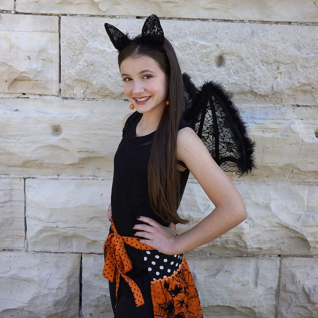 Feather and Lace Cat Ears Headband - Black - Feathers