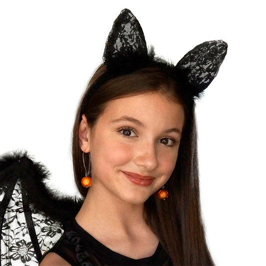 Feather and Lace Cat Ears Headband - Black - Feathers