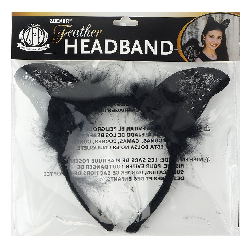 Feather and Lace Cat Ears Headband - Black - Feathers