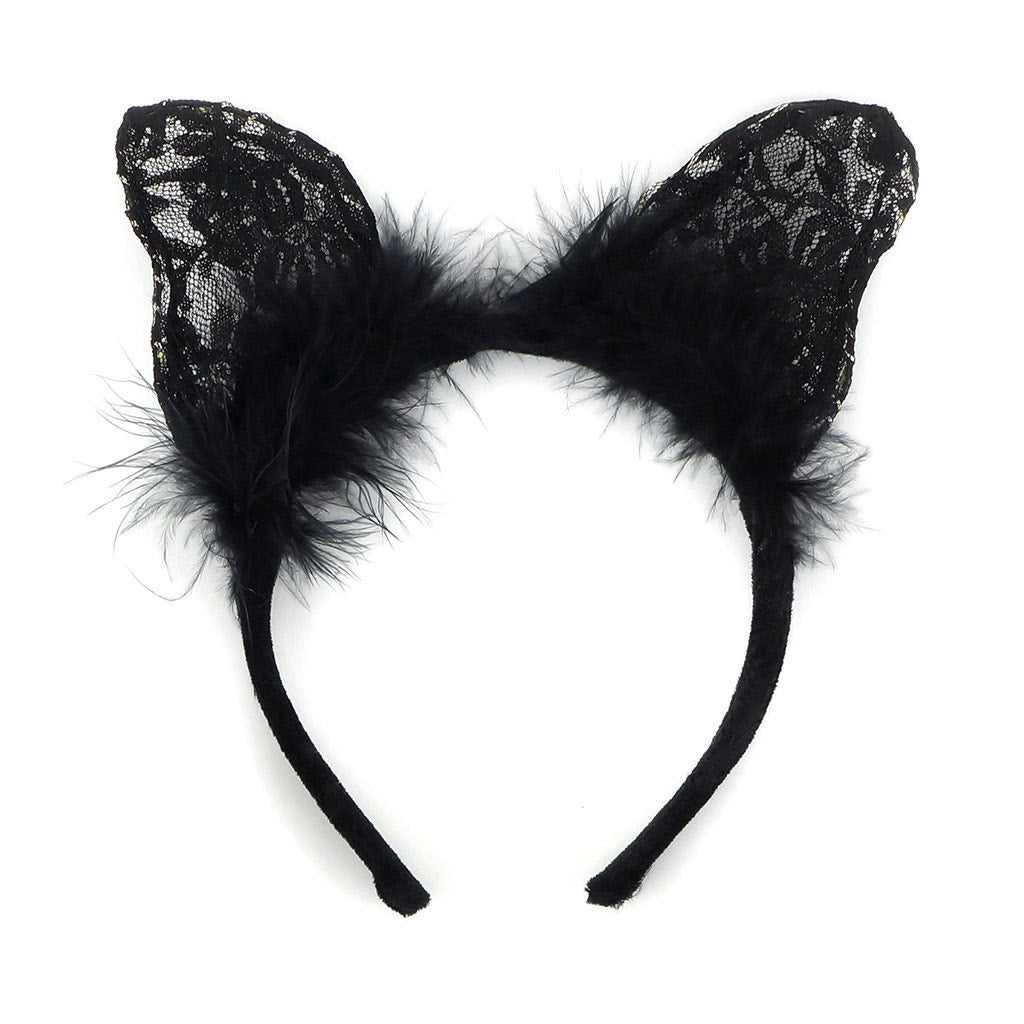 Feather and Lace Cat Ears Headband - Black - Feathers