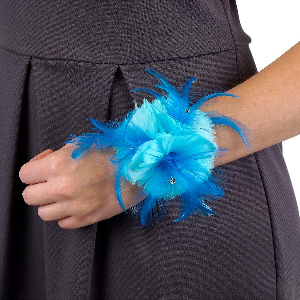 Feather Corsage-Coquille-Hackle-Jewel - Lt Turq/Dk Turq - Feathers