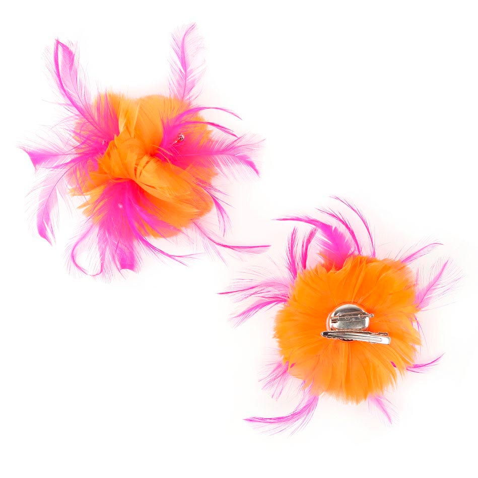 Feather Corsage-Coquille-Hackle-Jewel - Mango/Shocking Pink - Feathers