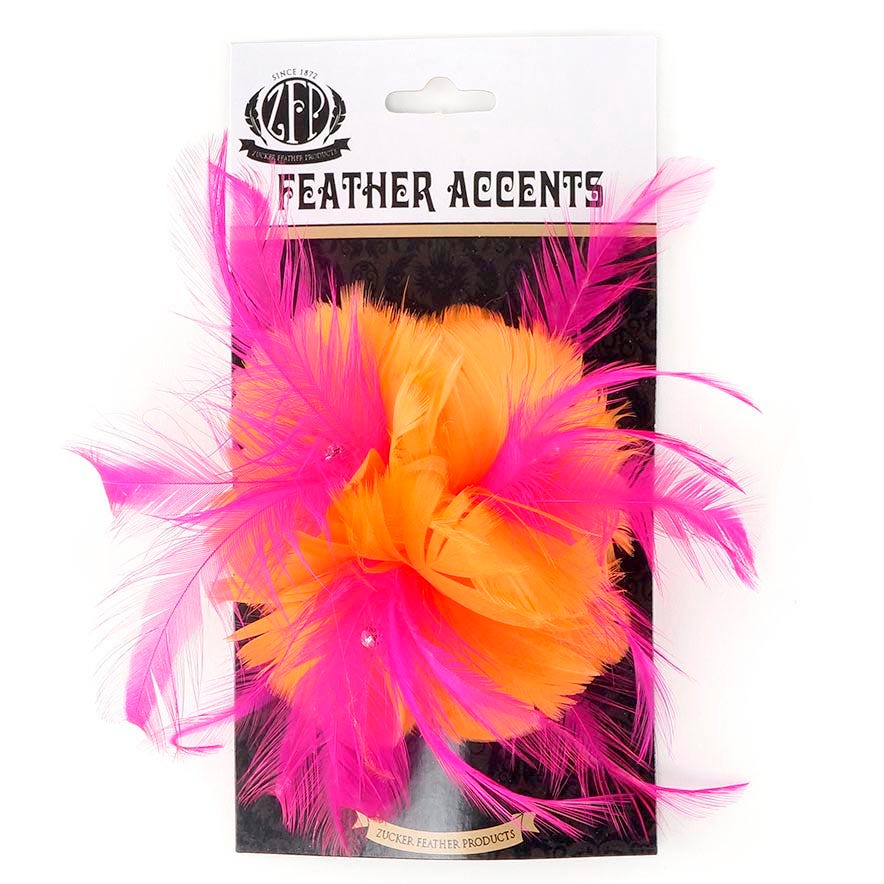 Feather Corsage-Coquille-Hackle-Jewel - Mango/Shocking Pink - Feathers