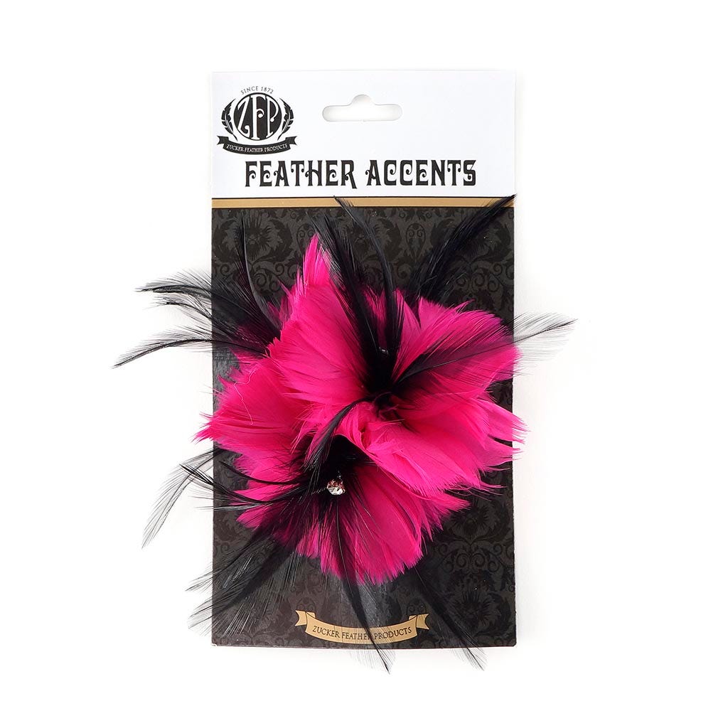 Feather Corsage-Coquille-Hackle-Jewel - Shocking Pink/Black - Feathers