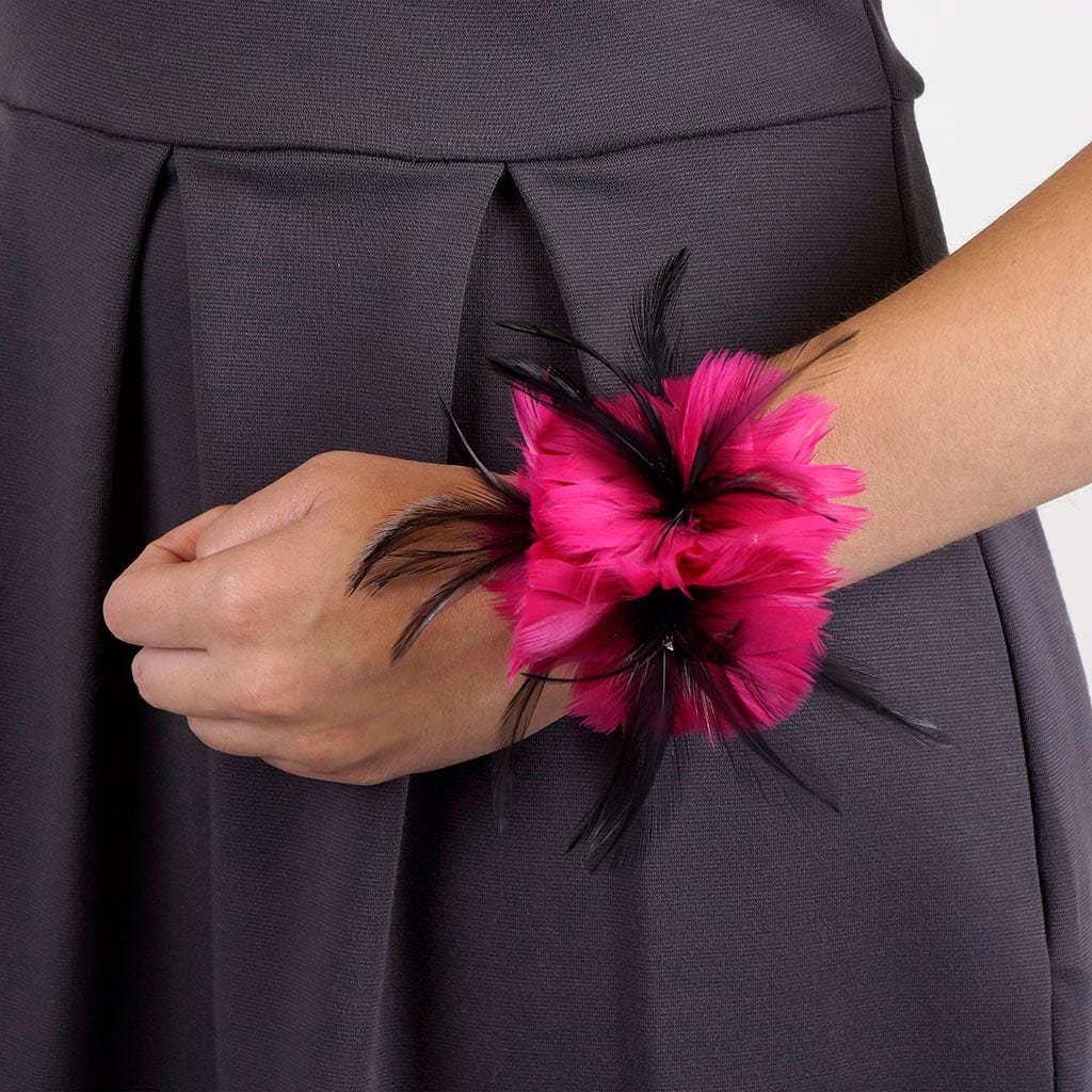 Feather Corsage-Coquille-Hackle-Jewel - Shocking Pink/Black - Feathers