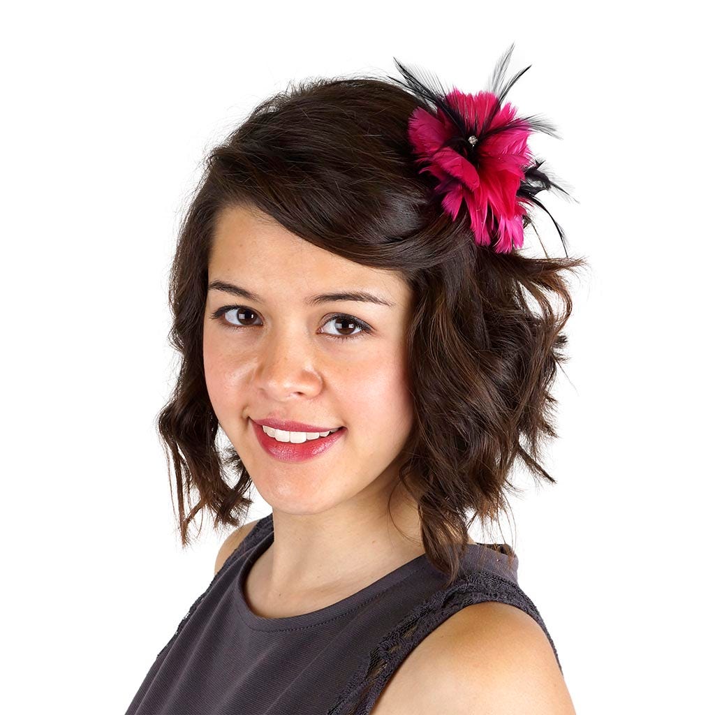 Feather Corsage-Coquille-Hackle-Jewel - Shocking Pink/Black - Feathers